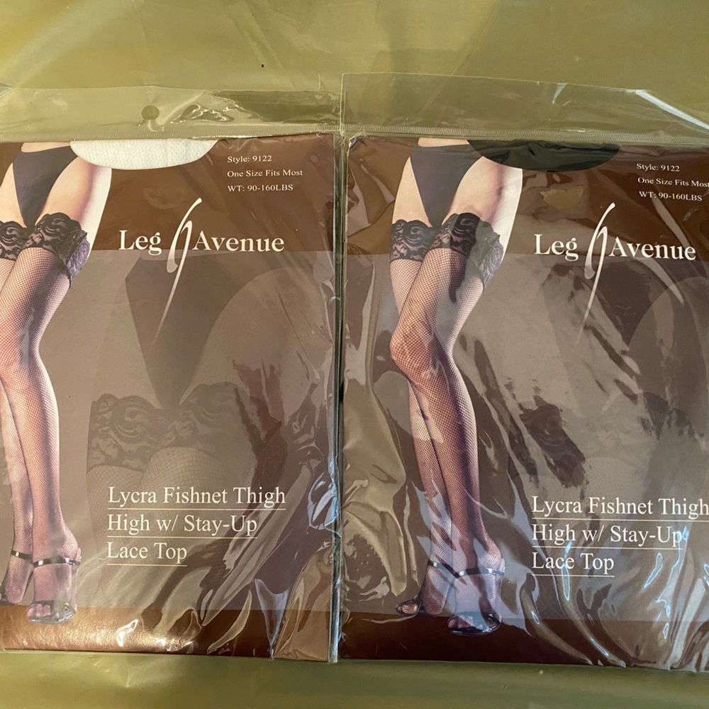 2 LEG AVENUE LYCRA FISHNET THIGH HIGH/HI STAY-UP LACE TOP-CHOICE BLACK WHITE